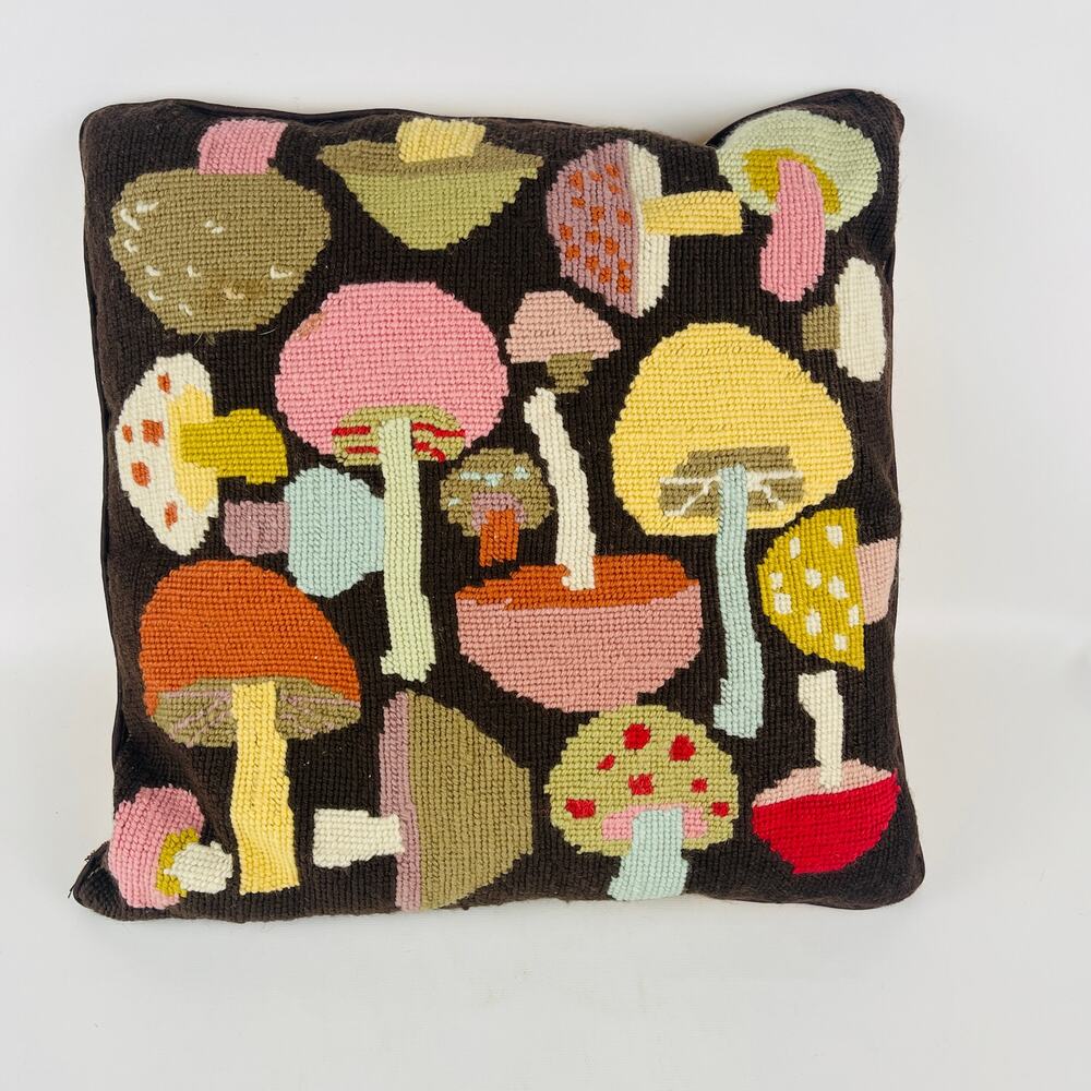 Vintage 70's Mushroom Needlepoint Pillow Boho Cottagecore 14 x 14 Brown